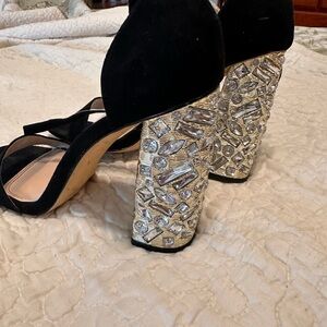 Fashion Nova Black Heels with Silver Embellished Block Heels